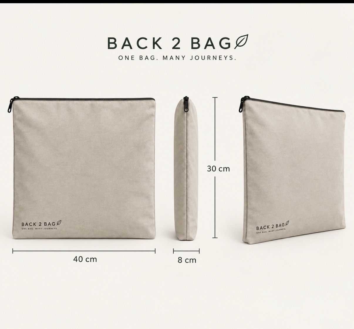 Back 2 Bag-påsen framifrån, från sidan och i perspektiv med måtten 40 gånger 30 gånger 8 centimeter